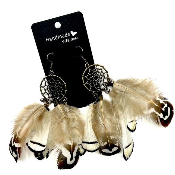 Handmade Antique Bronze Natural Feather Dream Catcher Earrings! - Picture 5 of 5